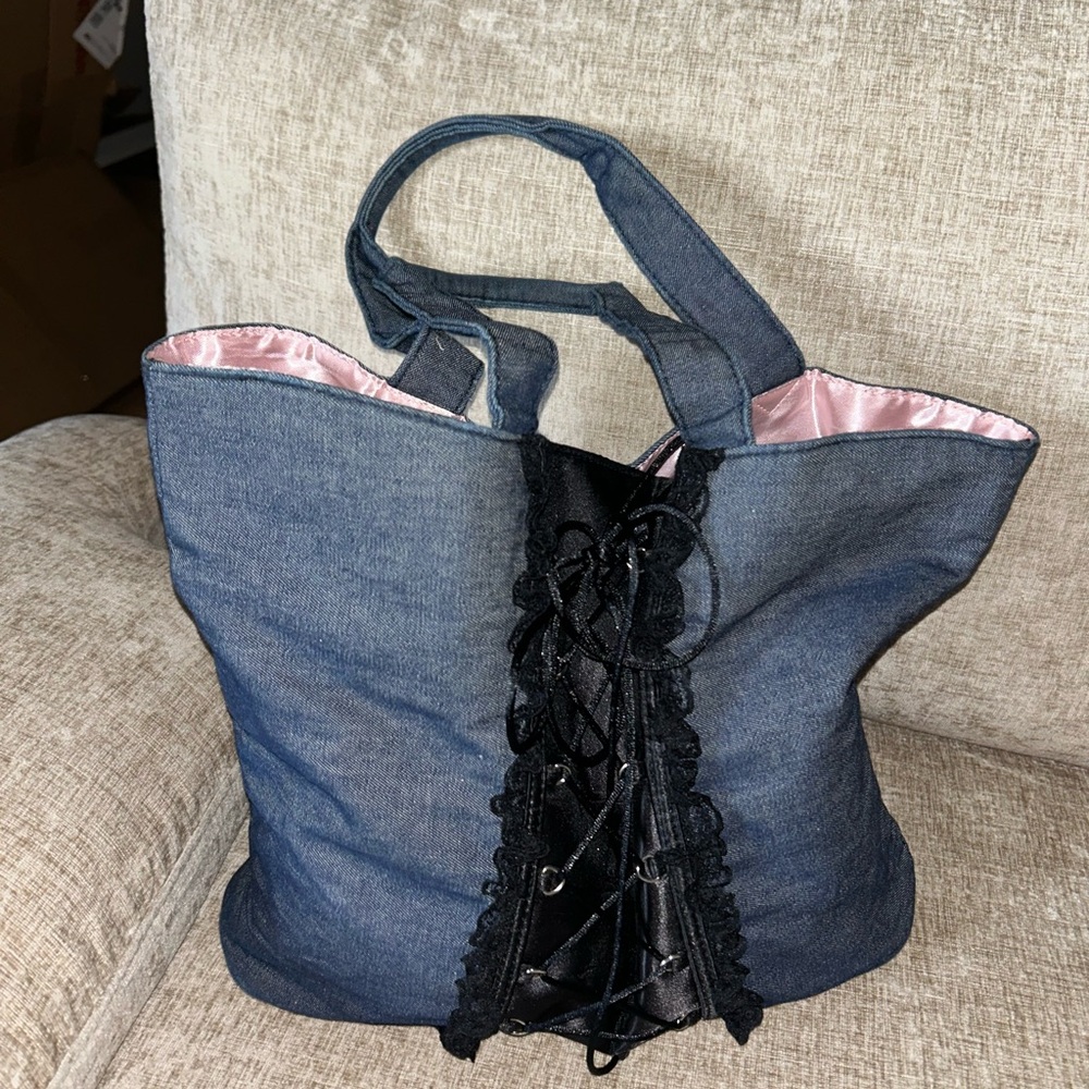 VS 💕 Denim Tote Bag with Black Lace Detail